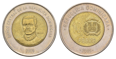 Доминиканская Республика (Доминикана) 10 песо 2005 KM 106 биметал 4656-945