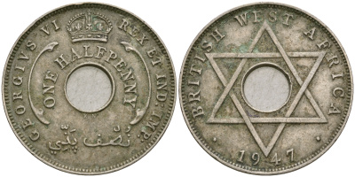 Британская Западная Африка 1/2 пенни 1947 KN, Георг VI KM 18 медно-никель 25-1016