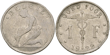 Бельгия 1 франк 1922 Belgique, Альберт I (1910-1934) KM 89 никель 73-355
