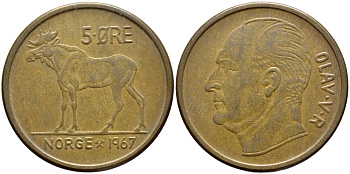 НОРВЕГИЯ 5 ЭРЕ 1967 ЛОСЬ KM 405 бронза 4394-1121