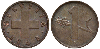 Швейцария 1 раппен 1948 в KM 46 бронза 4124-523