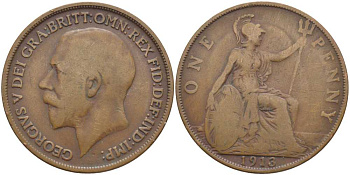 Великобритания 1 пенни 1913 Георг V (1910-1936) KM 810, Spink 4051 бронза 111-1231