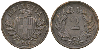 Швейцария 2 раппена 1900 B KM 4 бронза 4387-619