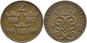 Швеция 2 эре 1929 Густав V (1907-1950) KM 778 бронза 4385-444