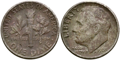 США 10 ЦЕНТОВ = 1 ДАЙМ 1968 РУЗВЕЛЬТ KM 195а медь плакированная медно-никелем 51-5268