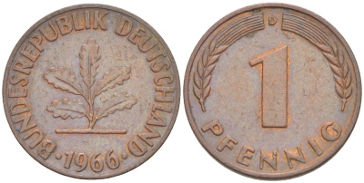ФРГ 1 ПФЕННИГ 1966 D KM 105, J. 380 сталь плакированная медью 4181-543
