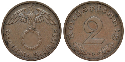 Германия 2 рейхспфеннига 1938 F KM 38, J. 362 алюминиевая бронза 4121-631