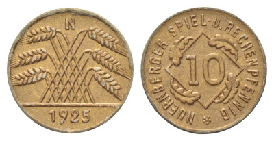 Германия игровой жетон в 10 рентенпфеннигов 1925 диаметр 20,5 мм, вес 0,3 гр картон 4702-1017