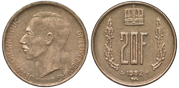 Люксембург 20 франков 1982 герцог Жан (1964-1999) KM 58 алюминиевая бронза 4144-143