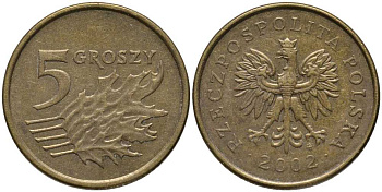 Польша 5 грошей 2002 MW KM 278 латунь 201-429