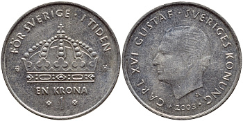 Швеция 1 крона 2003 Карл XVI Густав (1973- ) KM 894 медно-никель 4179-716