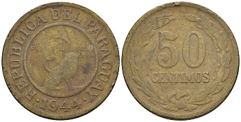 Парагвай 50 сентимо 1944 лев, фригийский колпак на шесте KM 24 алюминиевая бронза    4177-847