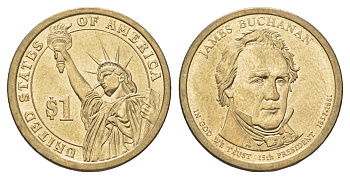 США 1 доллар 2010 P, Президент США - Джеймс Бьюкенен (1857-1861) KM 477 медь с марганцево-латунным покрытием UNC 4629-255