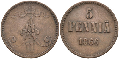 Россия для Финляндии 5 пенни 1866 Александр II (1855-1881) Биткин 658 медь 34-516