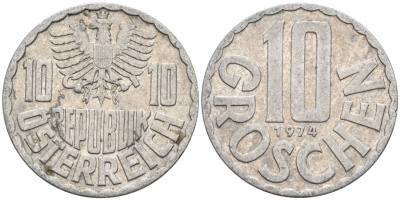 АВСТРИЯ 10 ГРОШЕЙ 1974 КМ 2878 алюминий 4573-235
