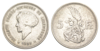 Люксембург 5 франков 1929 Шарлотта (1918-1964) KM 38 серебро 34-926
