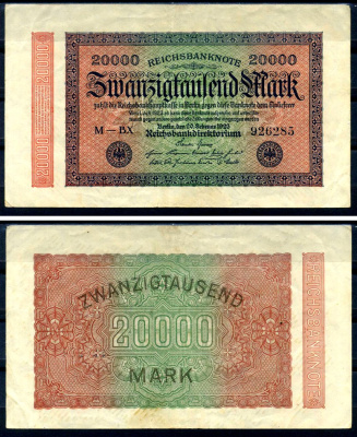 Германия 20000 марок 1923 20 февраля 1923, водяной знак L Pick 85 a бумага 8564-32-2-1