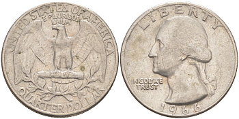 США 25 центов (квотер) 1966 Вашингтон KM 164a медь плакированная медно-никелем 83-257