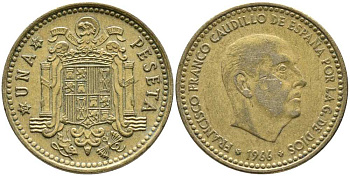 Испания 1 песета 1966 (74) Франсиско Франко (1939-1975) KM 796 алюминиевая бронза 110-1227