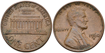 США 1 цент 1960 D, Линкольн KM 201 медь цинк 4564-338