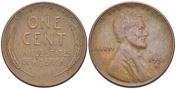 США 1 ЦЕНТ 1951 S, ЛИНКОЛЬН KM А132 медь цинк 218-552