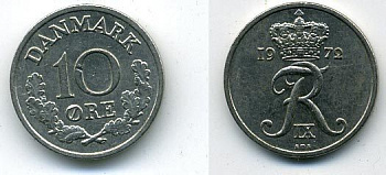 ДАНИЯ 10 ЭРЕ 1972 S; S, ФРЕДЕРИК IX (1947-1972) KM 849.2 медно-никель 54-1148