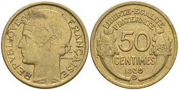 ФРАНЦИЯ 50 САНТИМОВ 1939 В, ТИП MORLON, МОНДВОР БРЮССЕЛЬ KM 894.2, LE FRANC 192.16 алюминиевая бронза 44-925