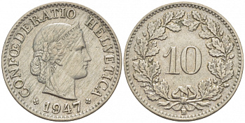 ШВЕЙЦАРИЯ 10 РАППЕНОВ 1947 KM 27 медно-никель 4516-827