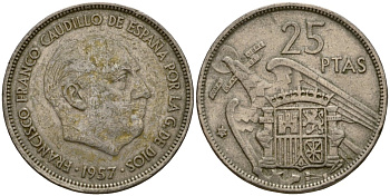 Испания 25 песет 1957 (70) KM 787 медно-никель 94-141