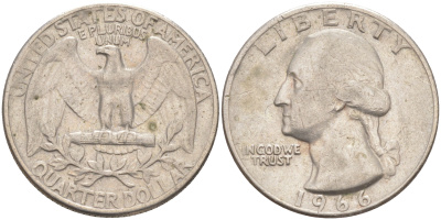 США 25 центов (квотер) 1966 Вашингтон KM 164a медь плакированная медно-никелем 83-257