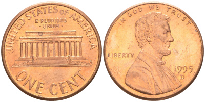 США 1 ЦЕНТ 1995 D ЛИНКОЛЬН KM 201b цинк плакированный медью 188-249