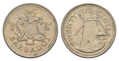 Барбадос 25 центов 1994 ветряная мельница Моргана Льюиса KM 13 медно-никель 4646-232