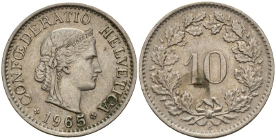 Швейцария 10 раппенов 1965 B KM 27 медно-никель 4189-412