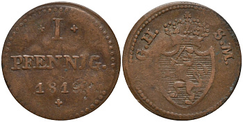 Гессен-Дармштадт 1 пфенниг 1819 GH-SM, Великий Герцог Людвиг I (1806-1830) KM 280 медь 4532-639