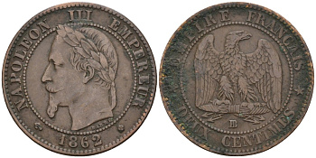 Франция 2 сантима 1862 ВВ, Наполеон III (1852-1870) KM 796.5 бронза 4585-744