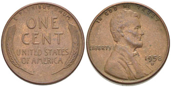 США 1 ЦЕНТ 1958 D, ЛИНКОЛЬН KM А132 медь цинк 218-738