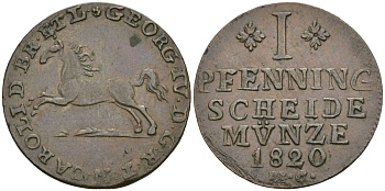 Брауншвейг 1 пфенниг 1820 MC, Карл II (1815-1830) KM 1079.2, AKS 46, Jaeger 220 b медь 08-935