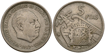 Испания 5 песет 1957 (65) Франсиско Франко (1939-1975) KM 786 медно-никель 186-637