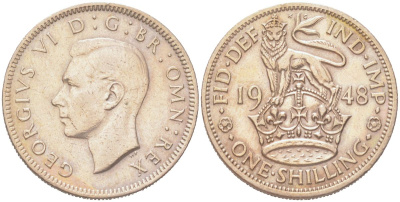 Великобритания 1 шиллинг 1948 Георг VI (1936-1952), Английский герб KM?863, Spink?4103 медно-никель 4128-655