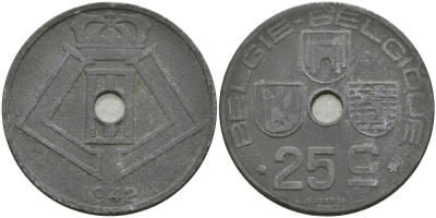 Бельгия 25 сантимов 1942 Belgie-Belgique, Леопольд III (1934-1947) KM 132 цинк 4579-242