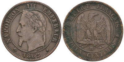 Франция 2 сантима 1862 ВВ, Наполеон III (1852-1870) KM 796.5 бронза 4585-744