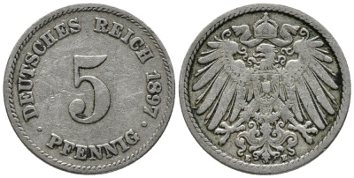 ГЕРМАНИЯ 5 ПФЕННИГОВ 1897 E KM 11, J. 12 медно-никель 39-726