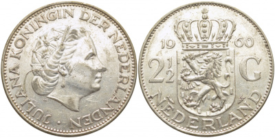 Нидерланды 2 1/2 гульдена 1960 Юлиана (1948-1980) KM 185 серебро 114-526