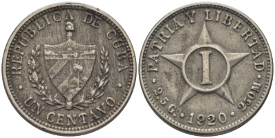 Куба 1 сентаво 1920 звезда, первая Республика (1902-1961) KM 9.1 медно-никель 84-1563