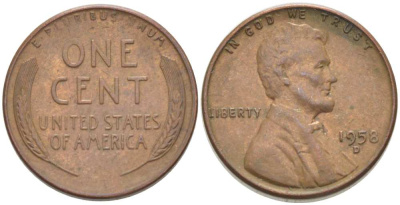 США 1 ЦЕНТ 1958 D, ЛИНКОЛЬН KM А132 медь цинк 218-738