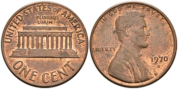 США 1 цент 1970 D, Линкольн KM 201 медь цинк 4115-863