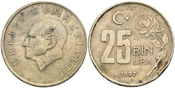 Турция 25000 лир 1997 Мустафа Кемаль Ататюрк KM 1041 медь никель цинк 4572-1026