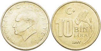 Турция 10000 лир 1997 Мустафа Кемаль Ататюрк KM 1027.1 медь никель цинк 179-824