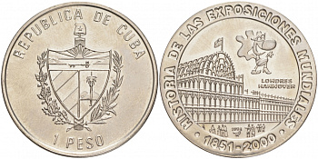 Куба 1 песо 1998 серия история мировых выставок, Лондон 1851 KM 105 никелированная сталь UNC M29-13