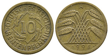 ГЕРМАНИЯ 10 РЕНТЕНПФЕННИГОВ 1924 A KM 33, J. 309, Weege 8 алюминиевая бронза 4380-942